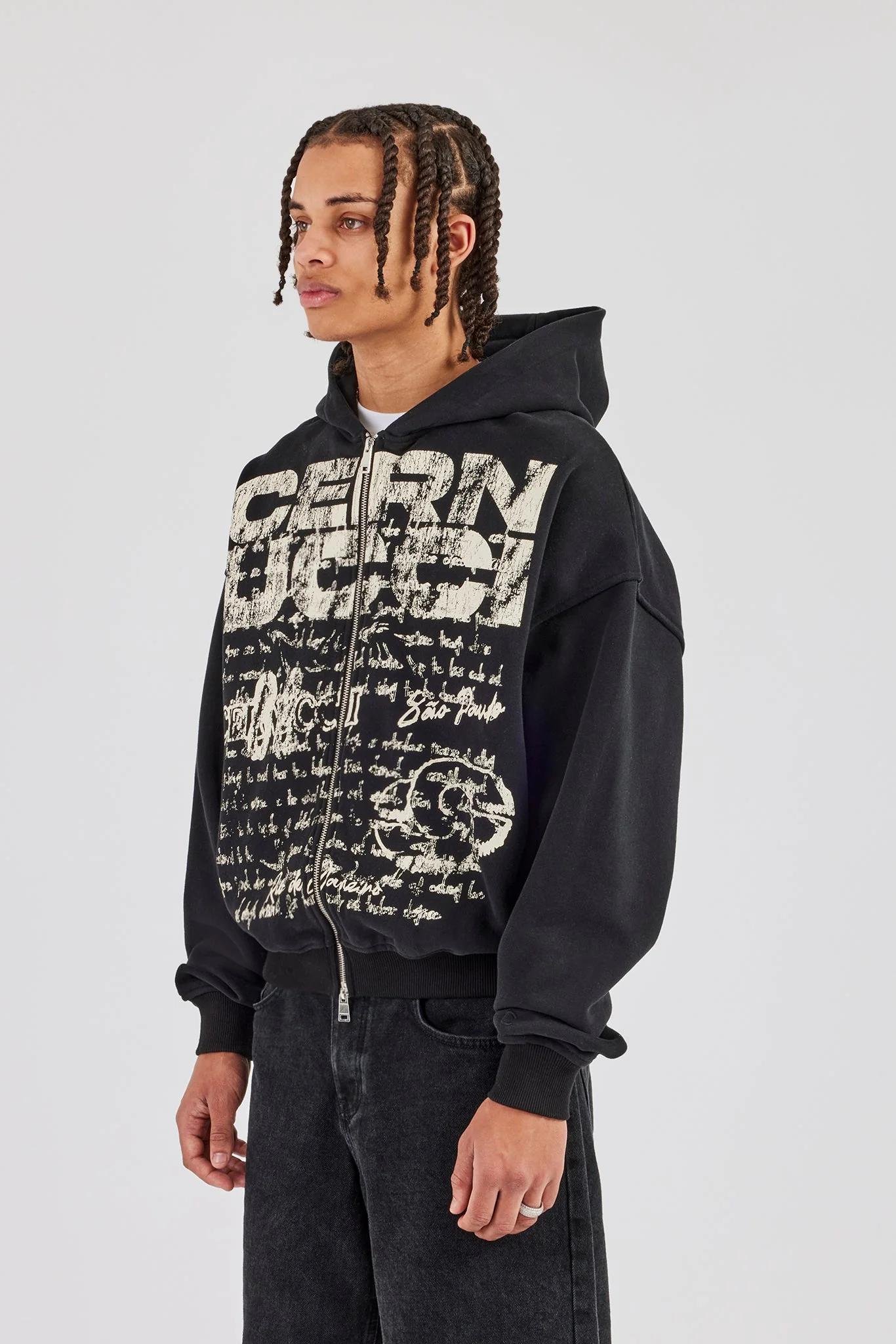 Washed Boxy Zip Through Printed Hoodie - Black - Image 3