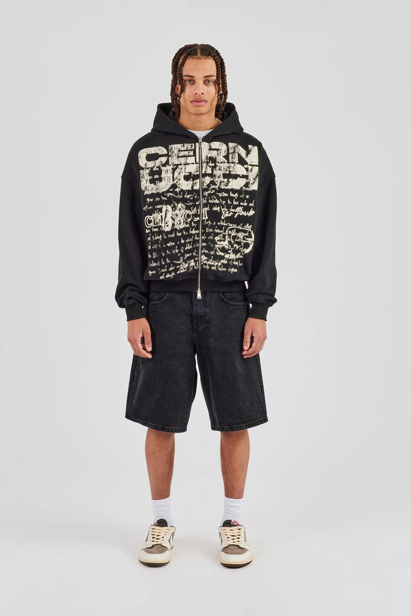 Washed Boxy Zip Through Printed Hoodie - Black - Image 4