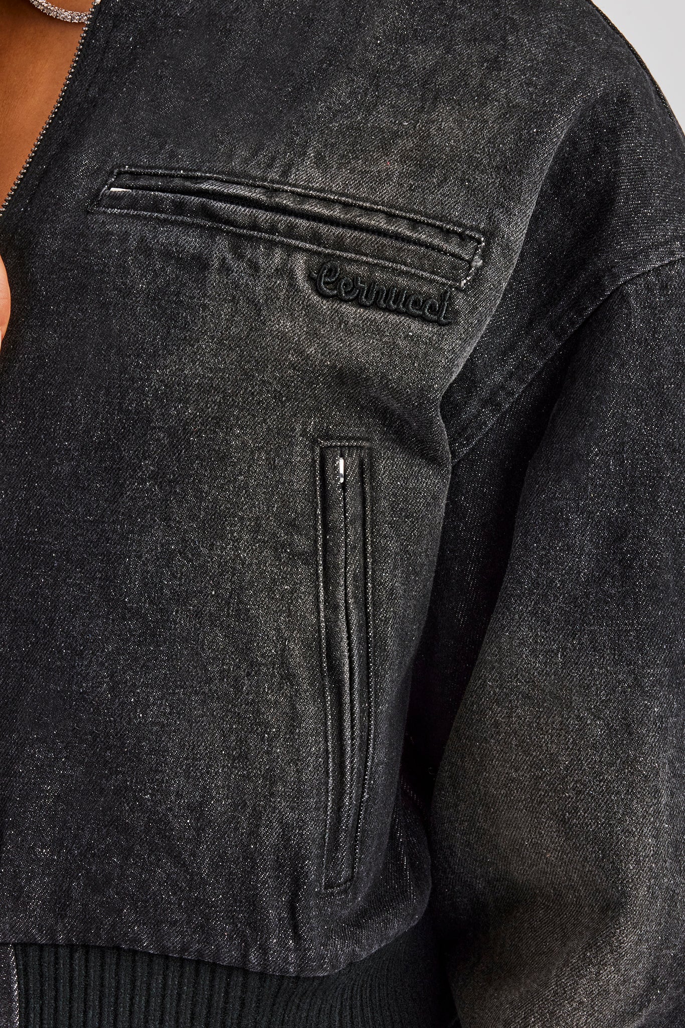 Washed Denim Bomber Jacket - Black - Image 3
