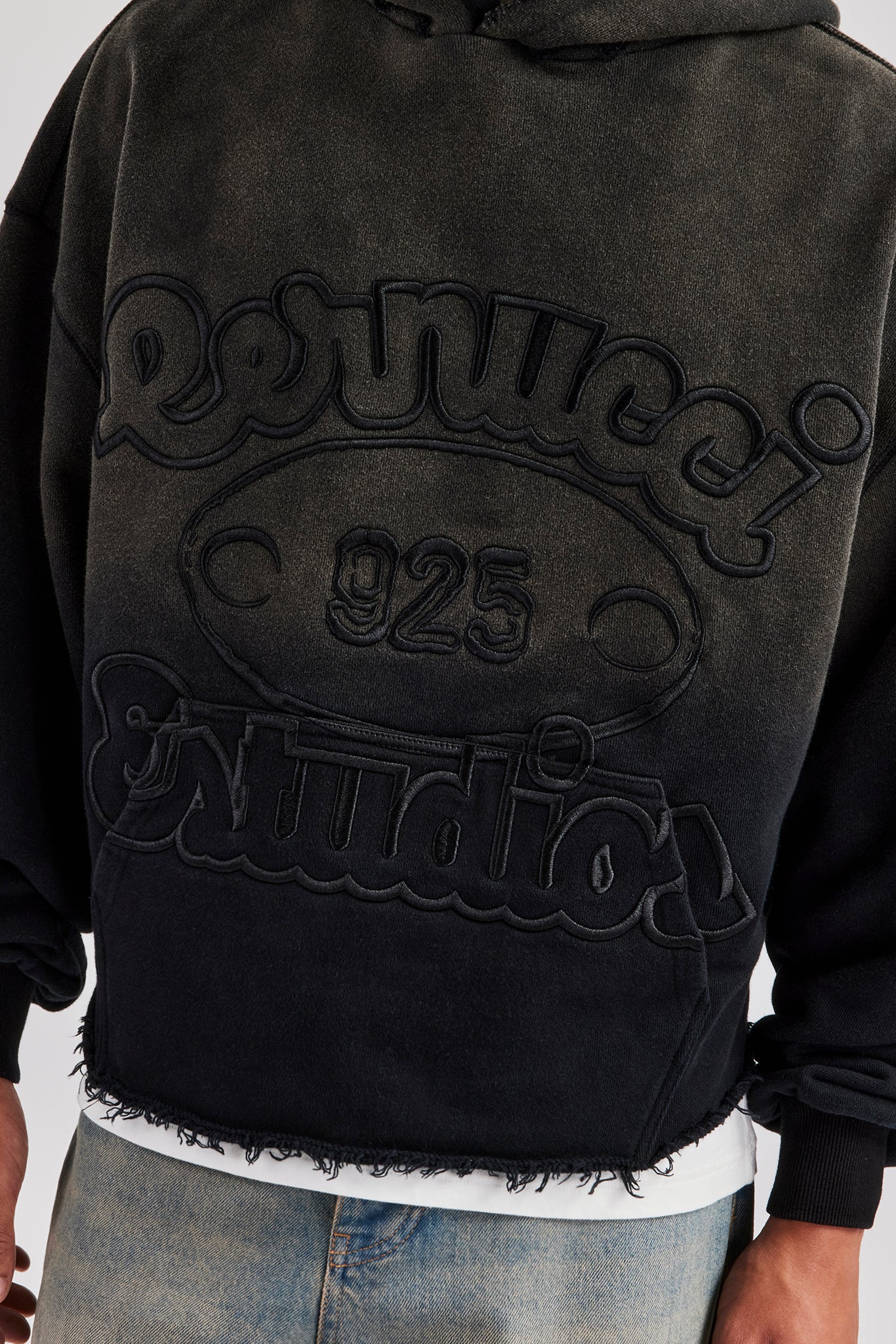 Washed Embroidered Boxy Hoodie - Black - Image 2