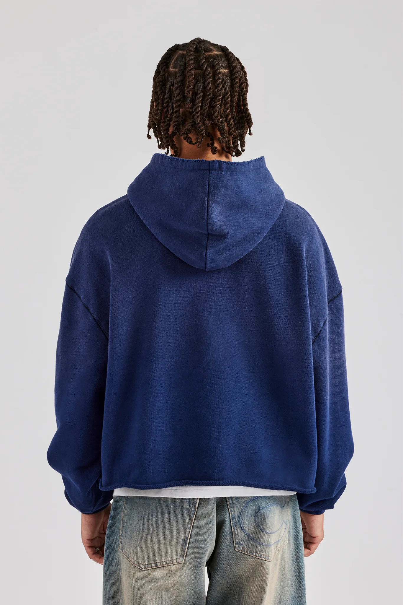 Washed Embroidered Boxy Hoodie - Navy Blue - Image 4