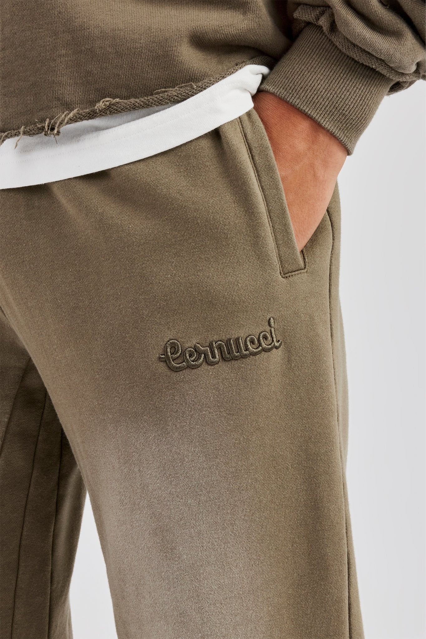 Washed Flare Fit Panelled Jogger - Khaki - Image 2