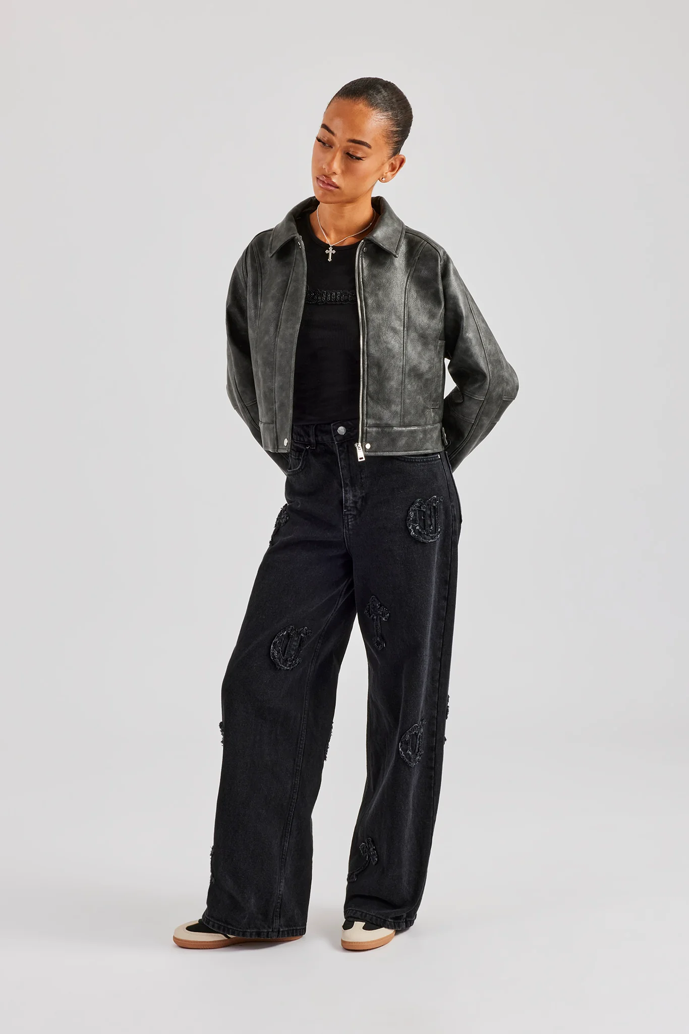 Washed Oversized PU Jacket - Charcoal - Image 3