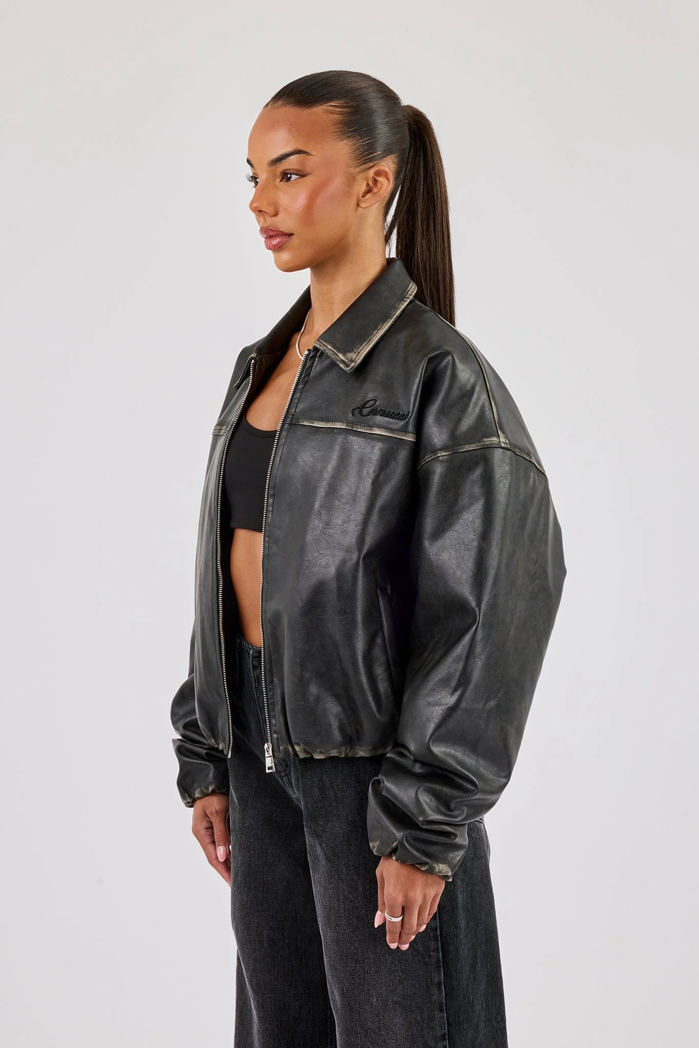 Washed PU Harrington Jacket - Black - Image 2