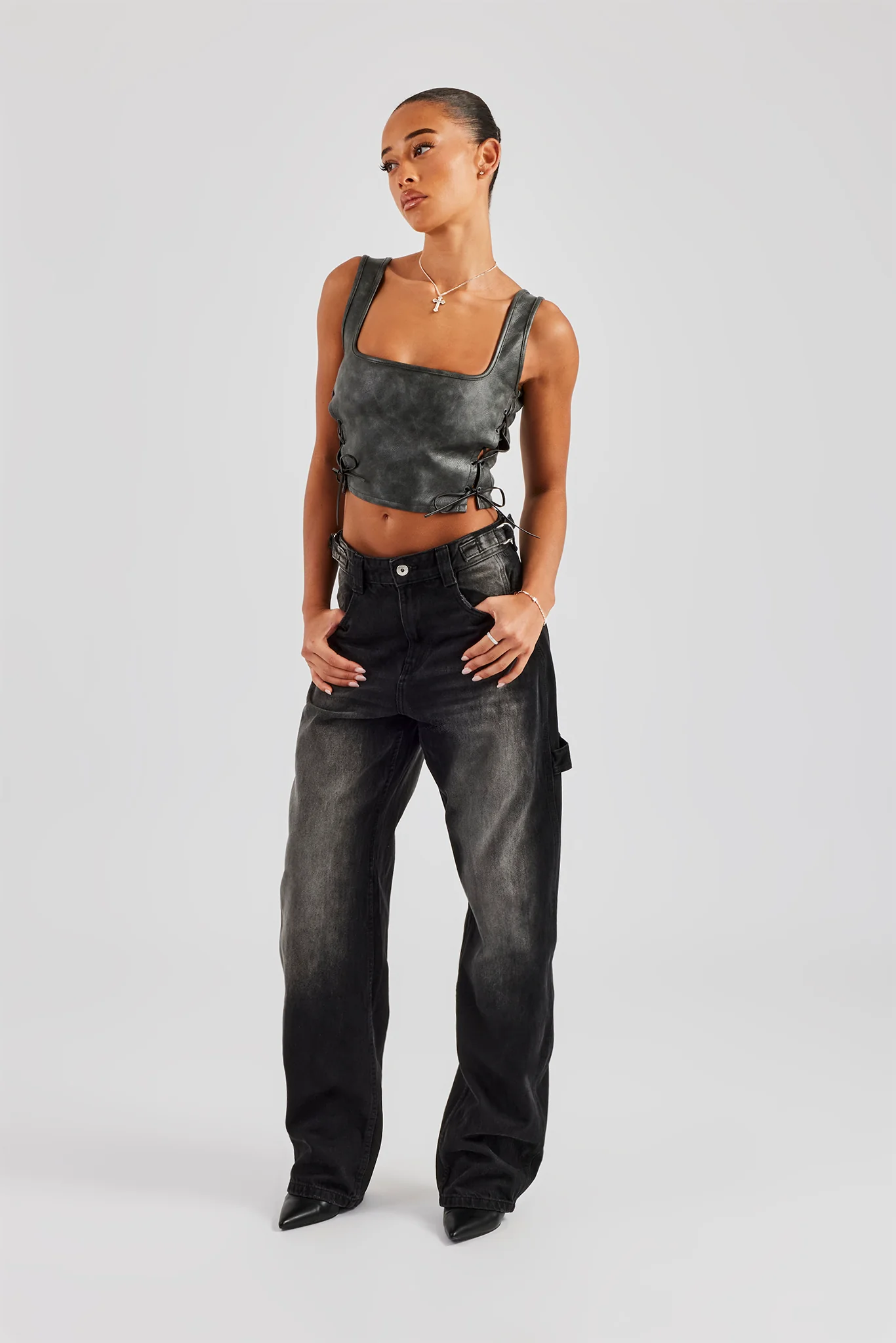 Washed PU Square Neck Top - Charcoal - Image 3