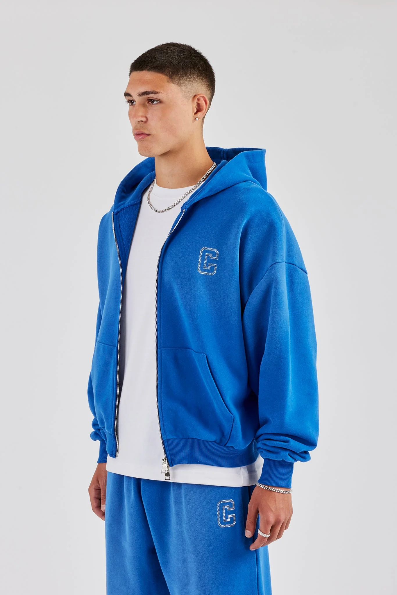 Washed Rhinestone C Zip Through Hoodie - Washed Blue - Image 2