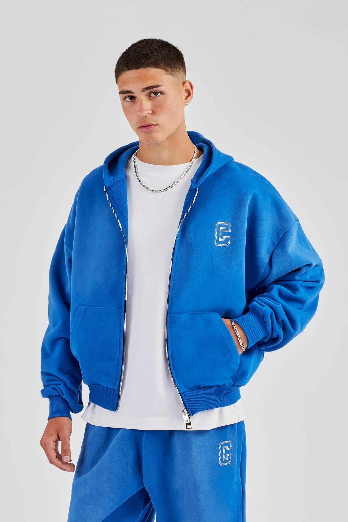 Washed Rhinestone C Zip Through Hoodie - Washed Blue - Image 4