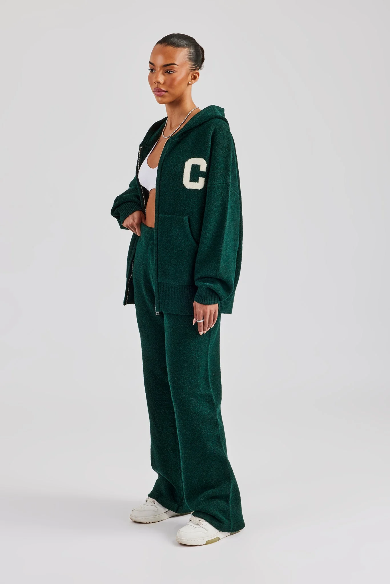 Wide Leg Knitted Jogger - Bottle Green - Image 2