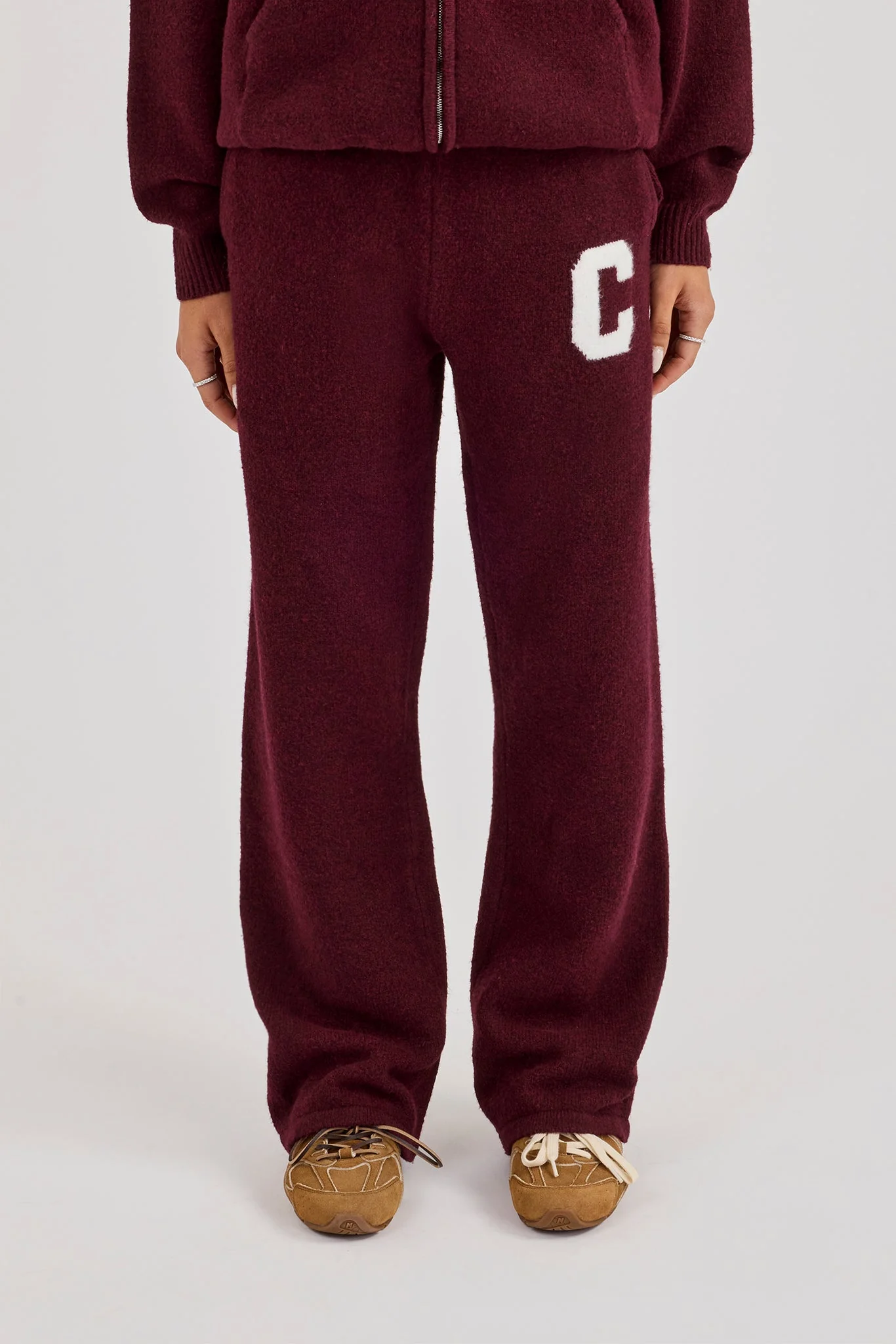 Wide Leg Knitted Jogger - Burgundy - Image 2