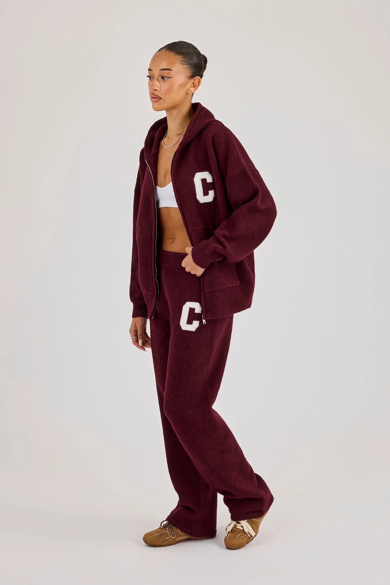 Wide Leg Knitted Jogger - Burgundy - Image 4