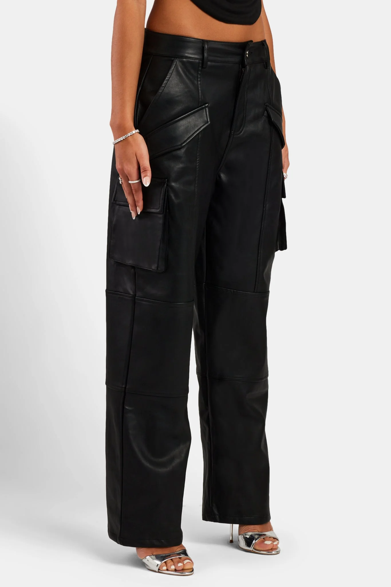 Wide Leg Faux Leather Cargo Trouser - Black - Image 3