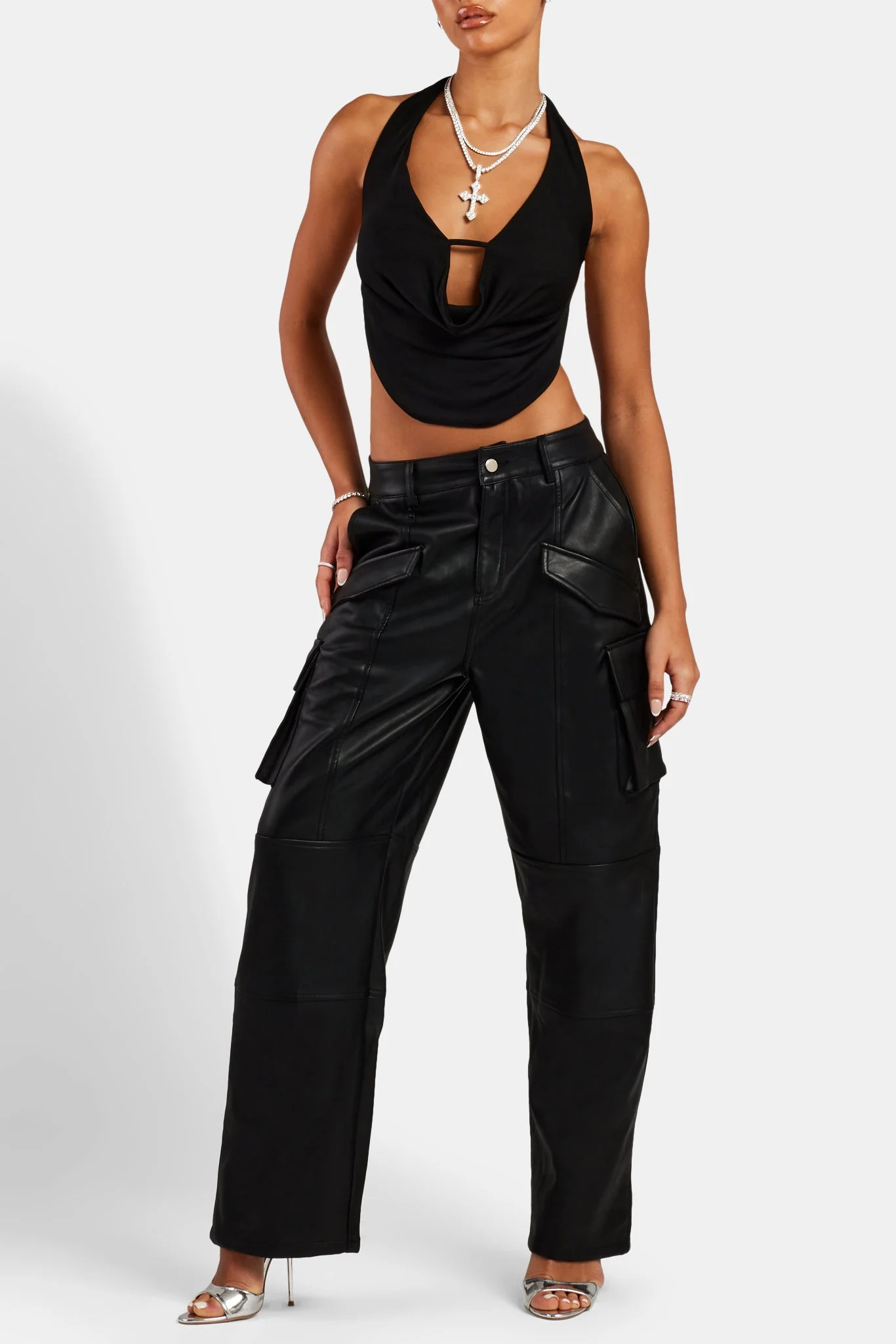 Wide Leg Faux Leather Cargo Trouser - Black - Image 4
