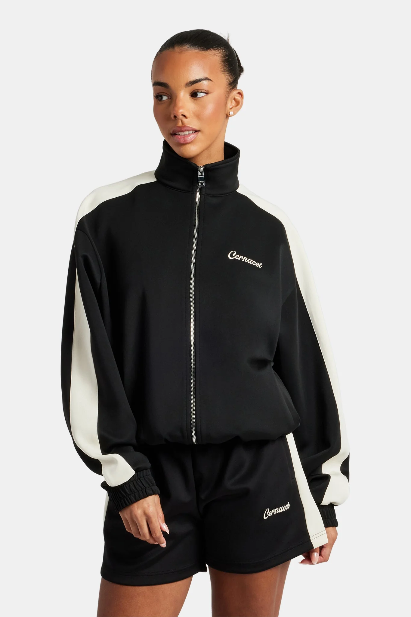 Womens Contrast Panel Track Jacket & Short Set - Black - Image 3