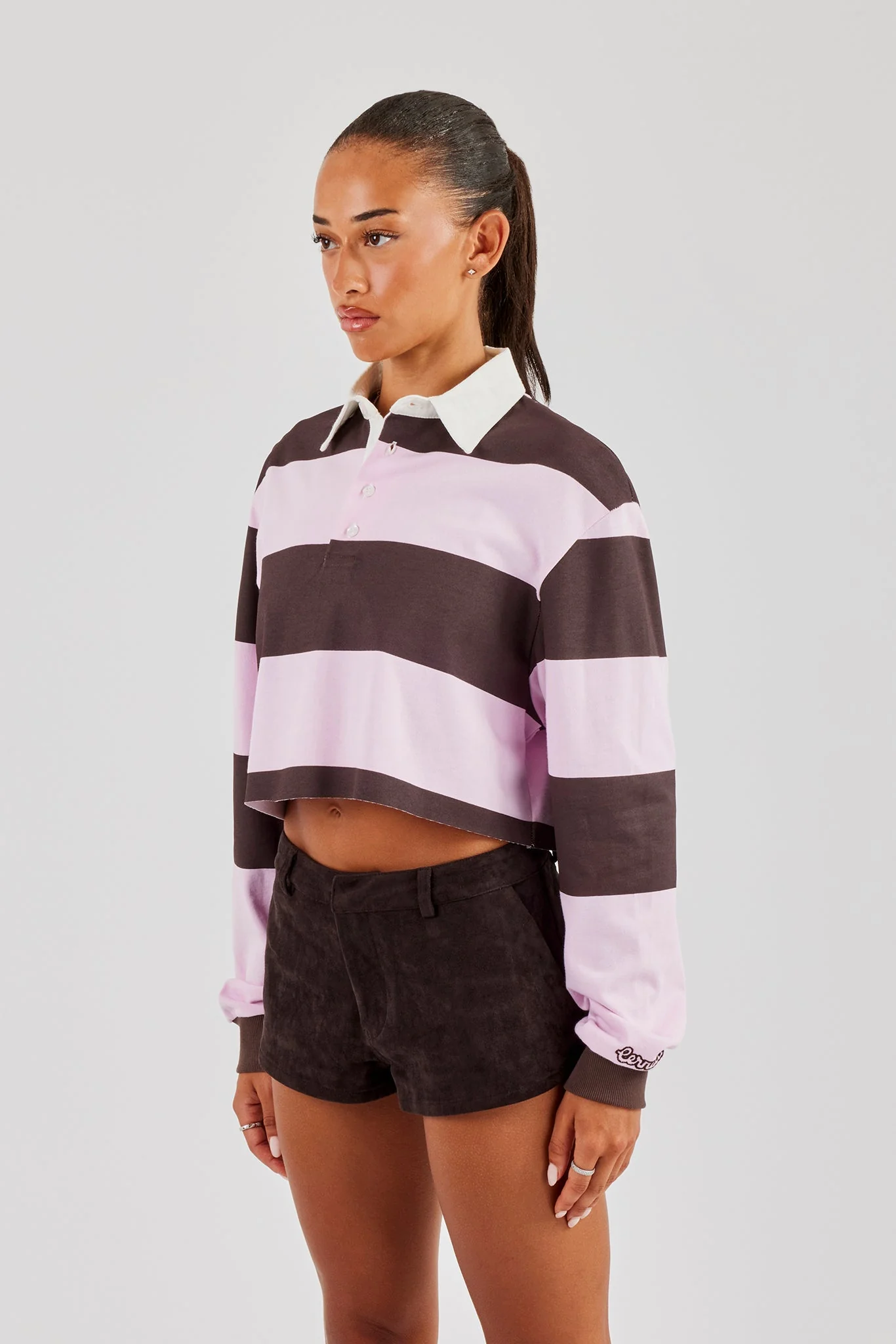 Women's Cropped Striped Rugby Polo Top - Pink - Image 2
