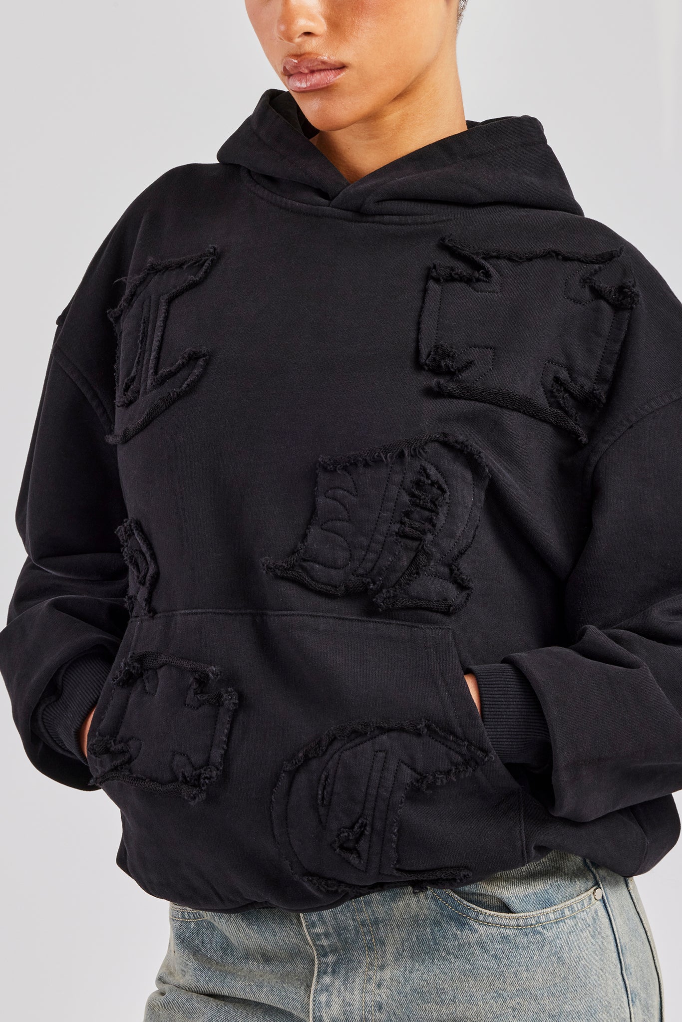 Womens Distressed Applique Hoodie - Black - Image 2