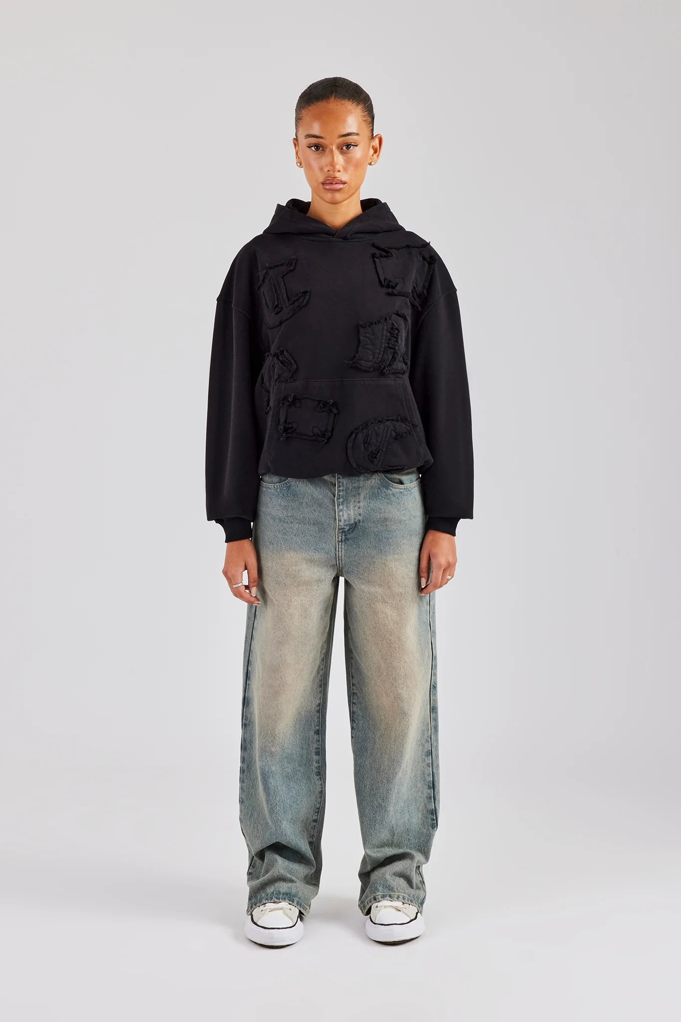 Womens Distressed Applique Hoodie - Black - Image 3
