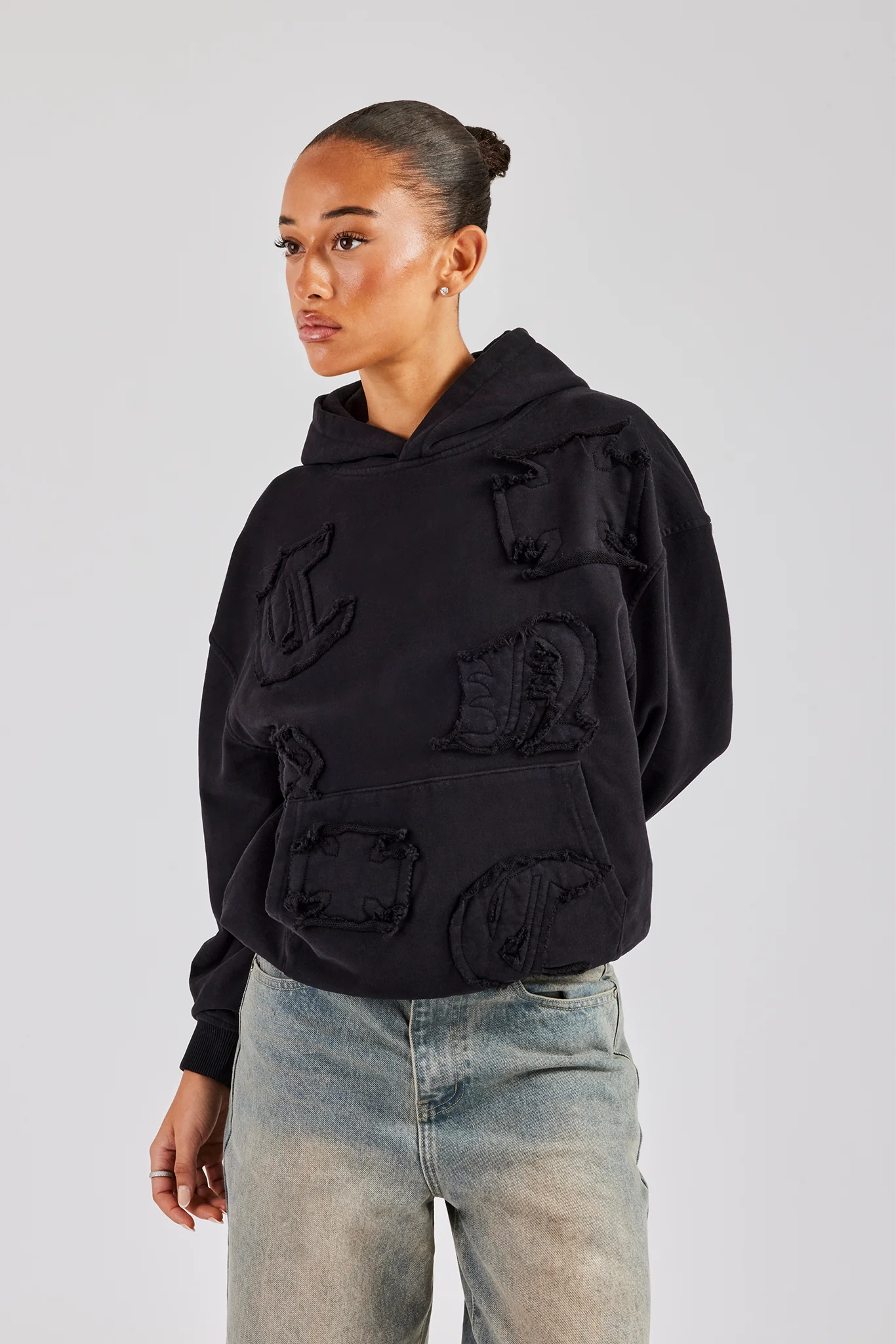 Womens Distressed Applique Hoodie - Black - Image 4