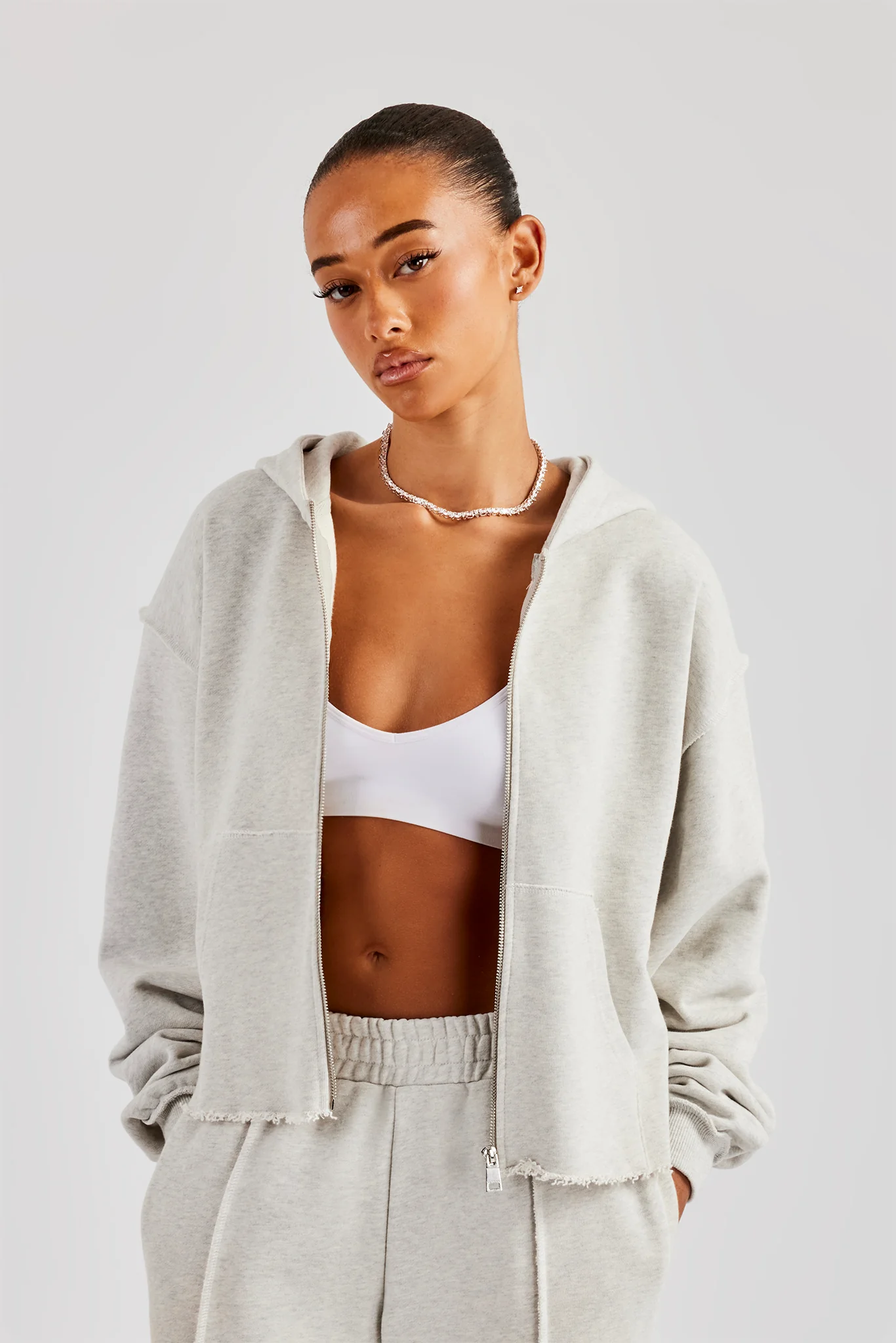 Womens Exposed Seam Zip Through Hoodie - Grey Marl - Image 2