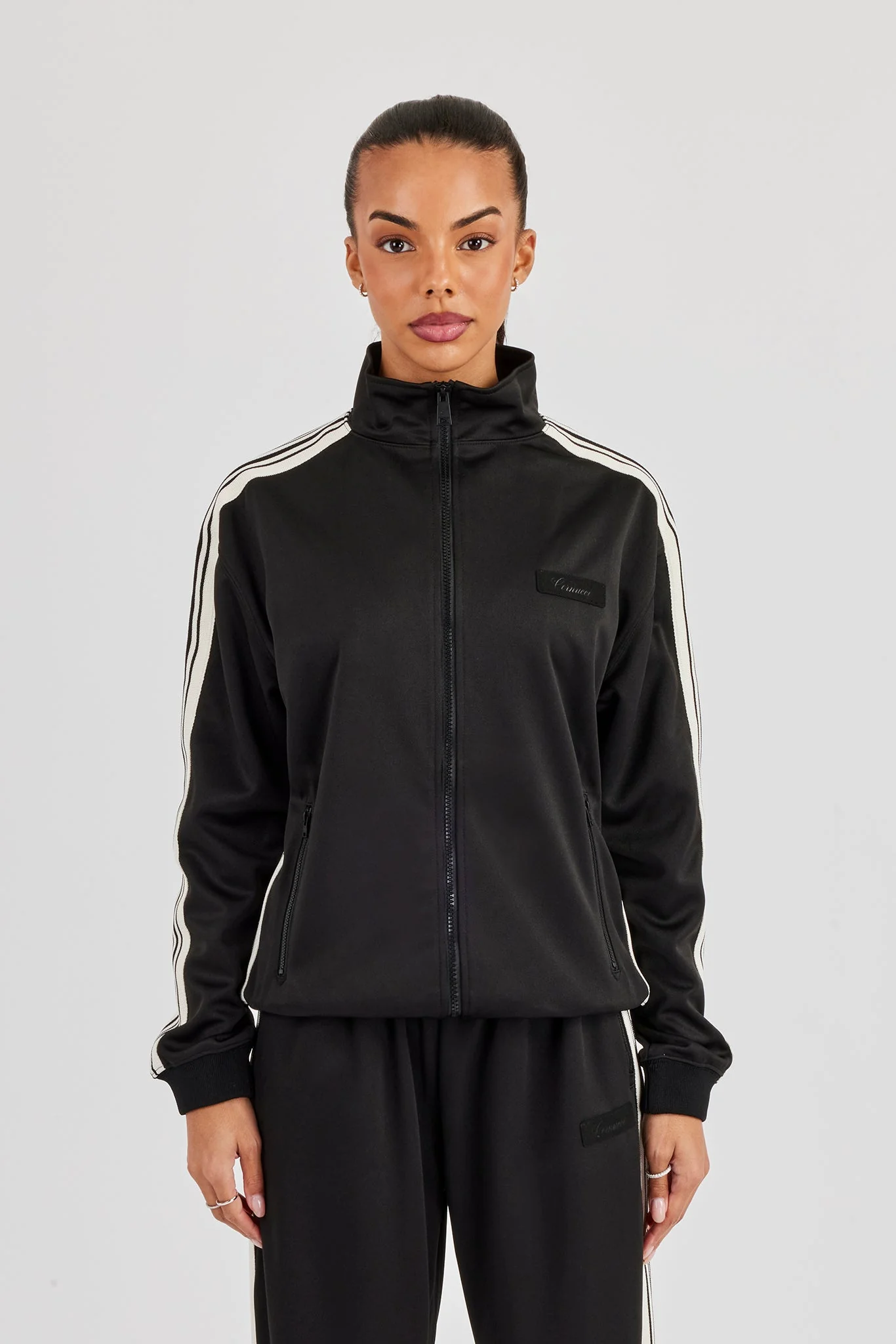 Womens Poly Smooth Taping Track Top - Black - Image 2