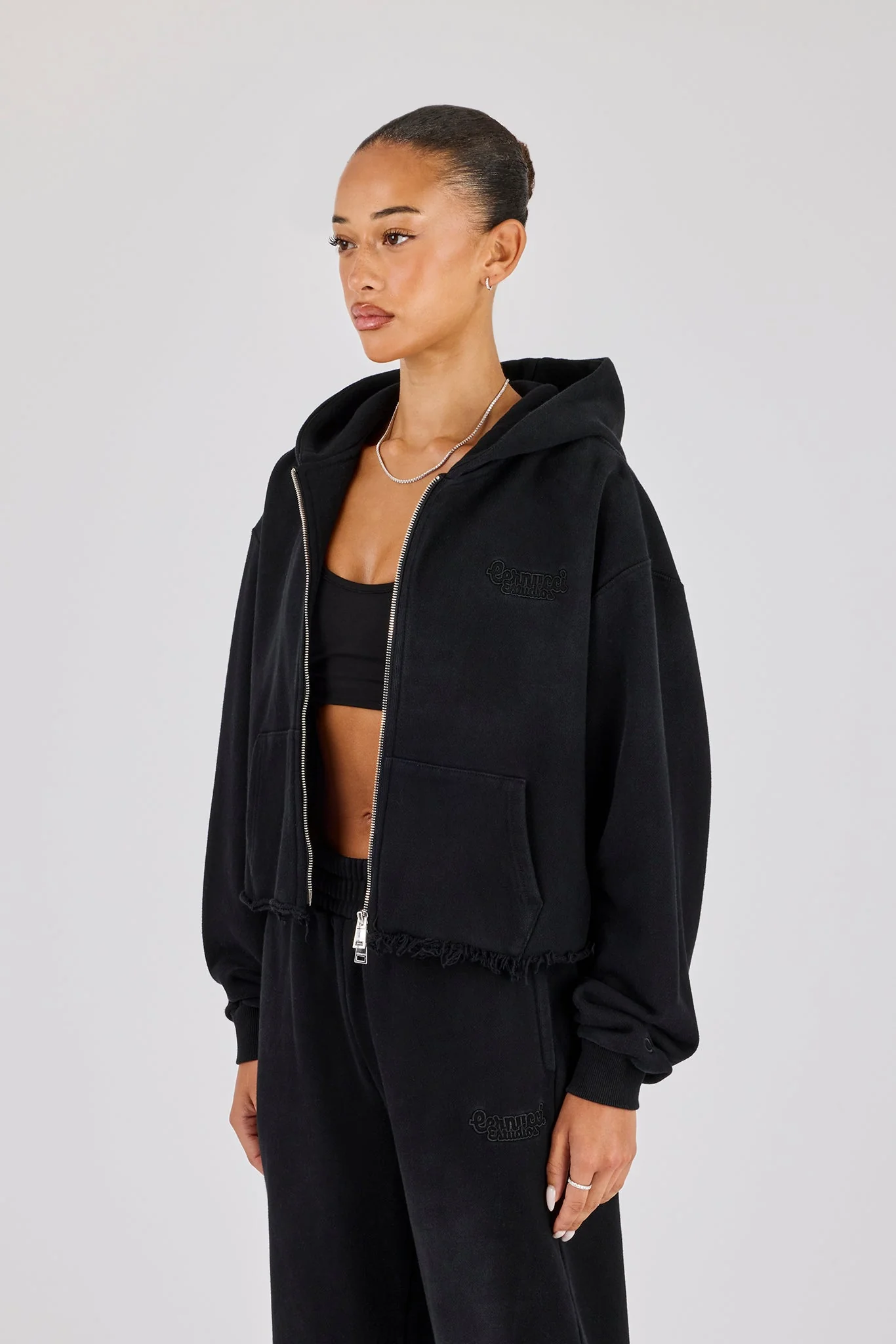 Womens Washed Boxy Fit Zip Through Hoodie - Black - Image 3