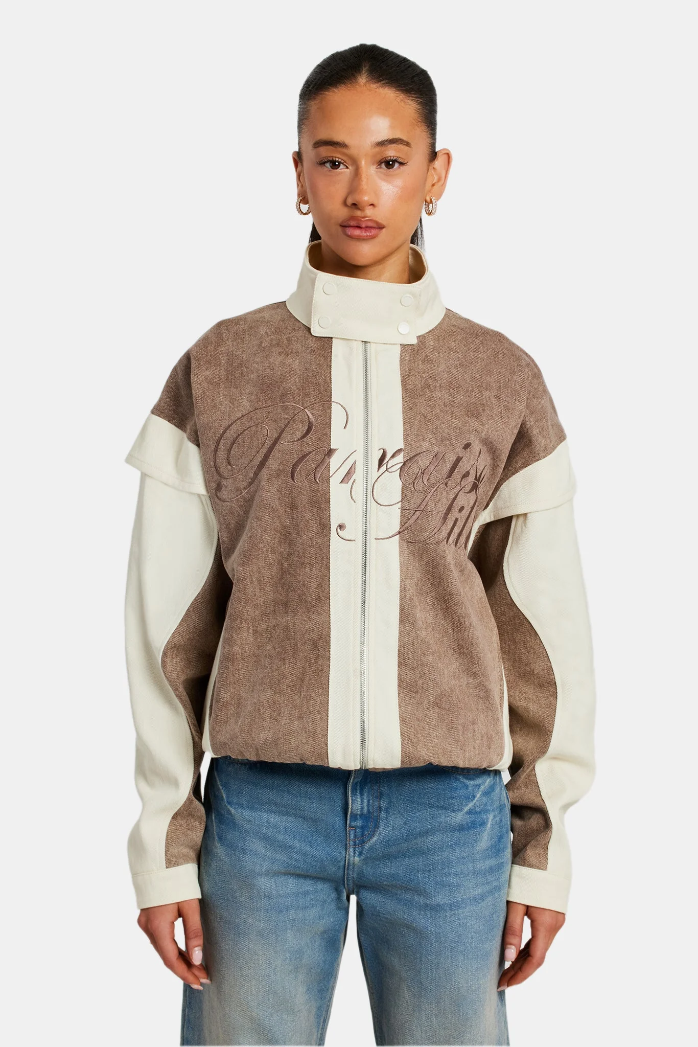 Womens Washed Denim Moto Jacket - Brown - Image 2