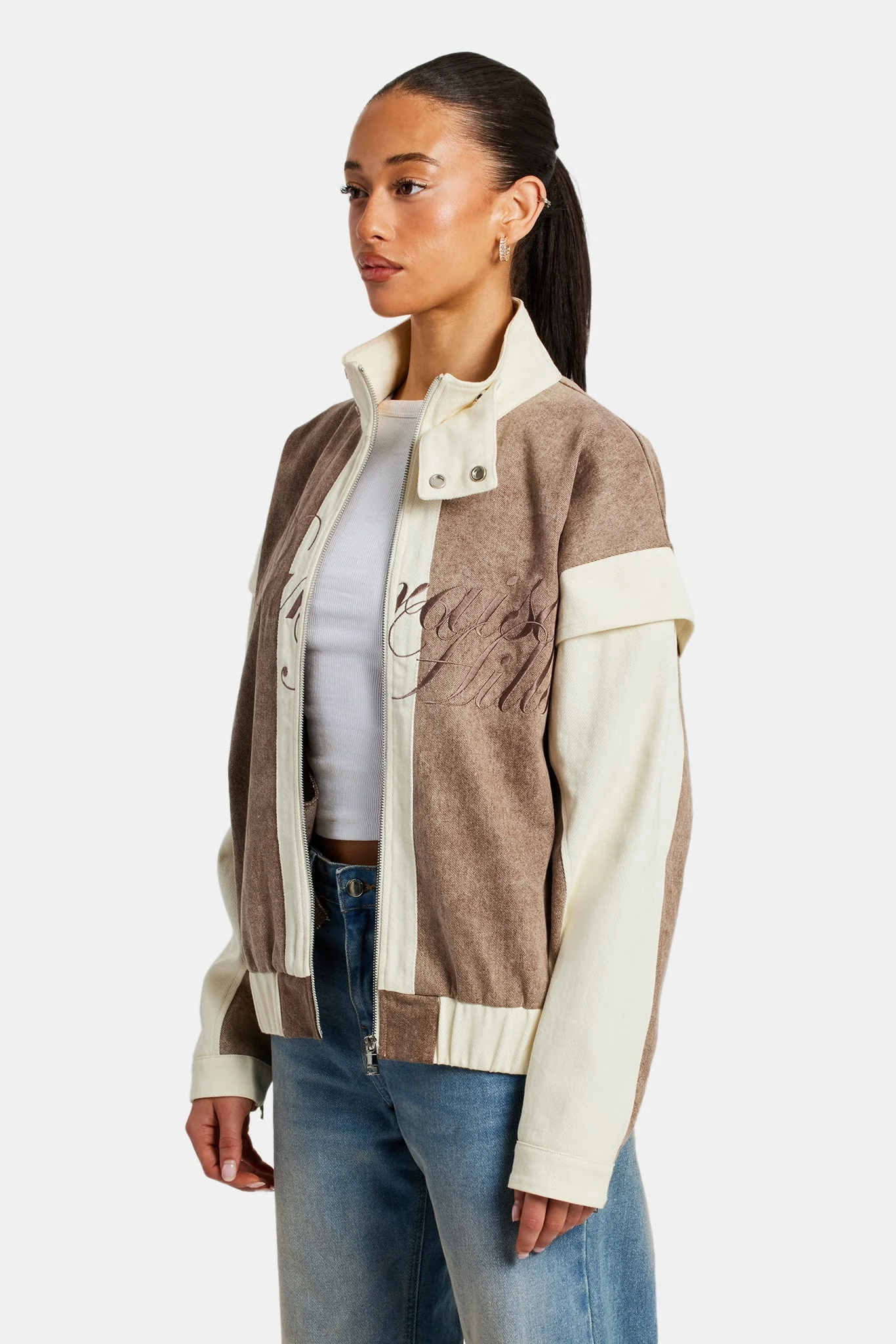 Womens Washed Denim Moto Jacket - Brown - Image 5