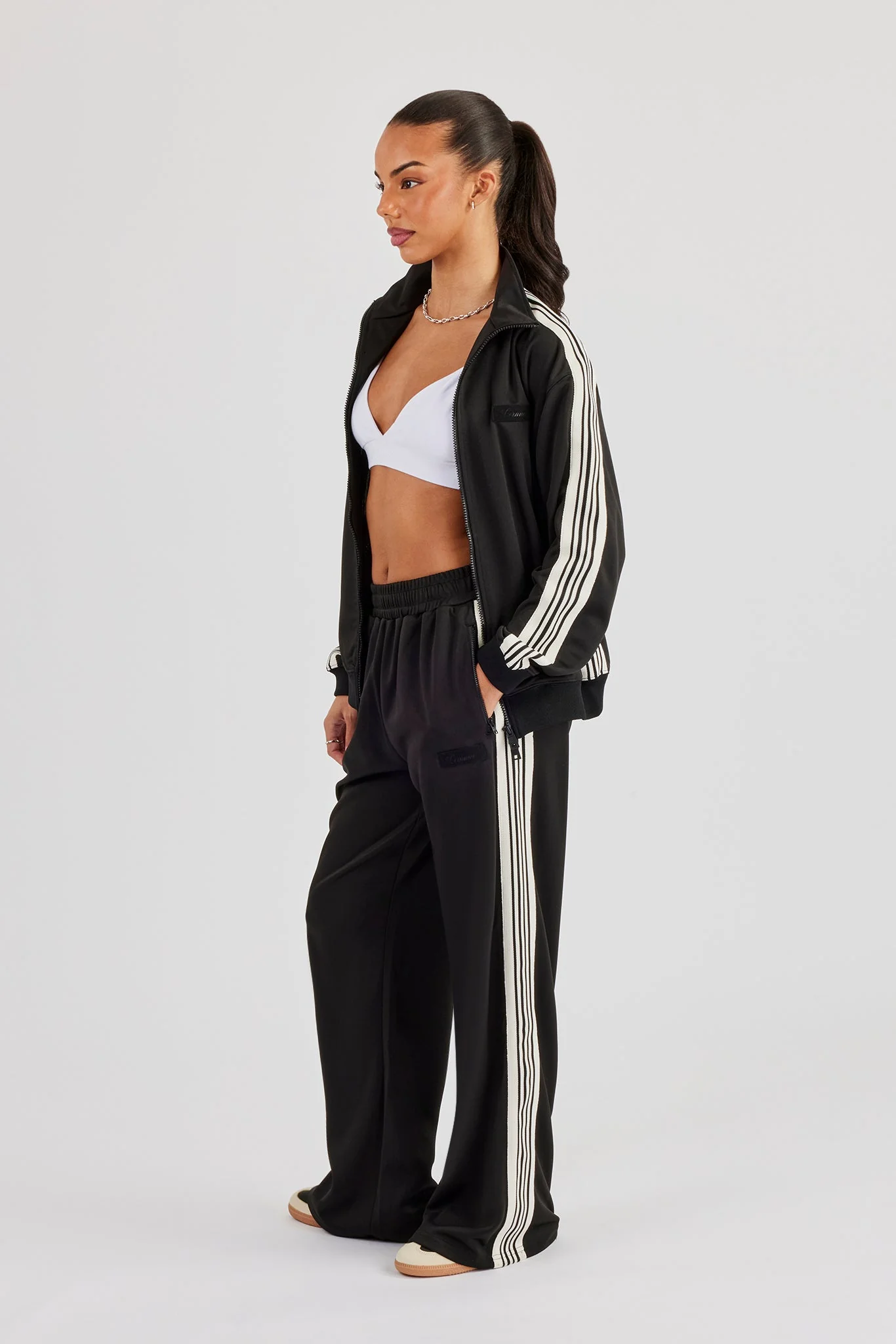 Womens Wide Leg Poly Smooth Taping Track Pant - Black - Image 4