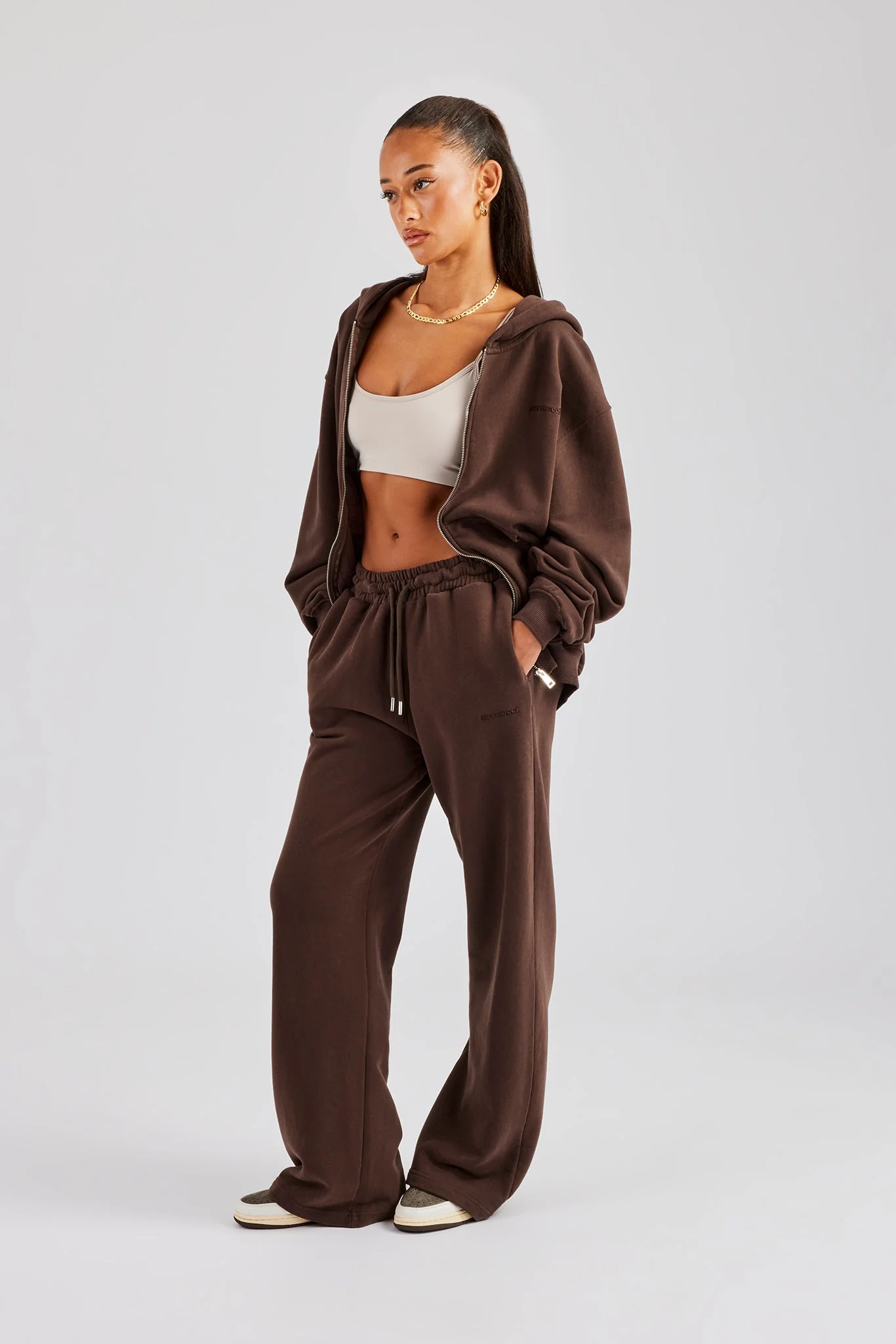 Womens Zip Through Hoodie and Jogger Set - Chocolate - Image 3