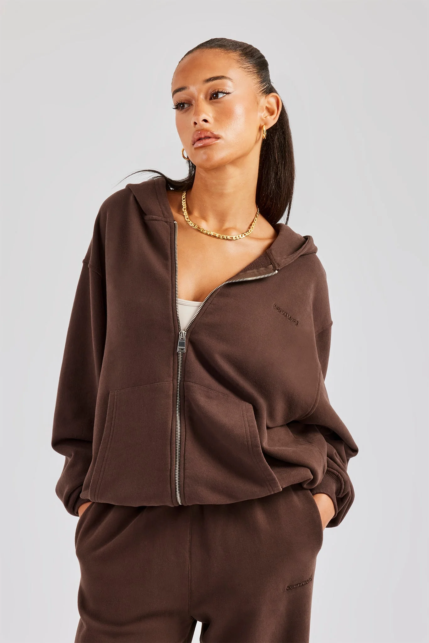 Womens Zip Through Hoodie - Chocolate - Image 4