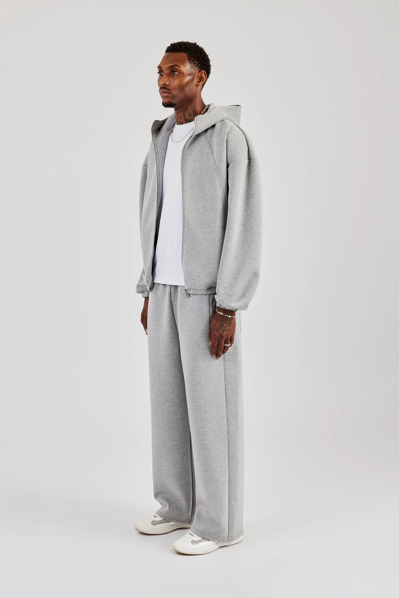 Zip Hooded Panelled Scuba Jacket & Wide Leg Trouser - Grey - Image 2