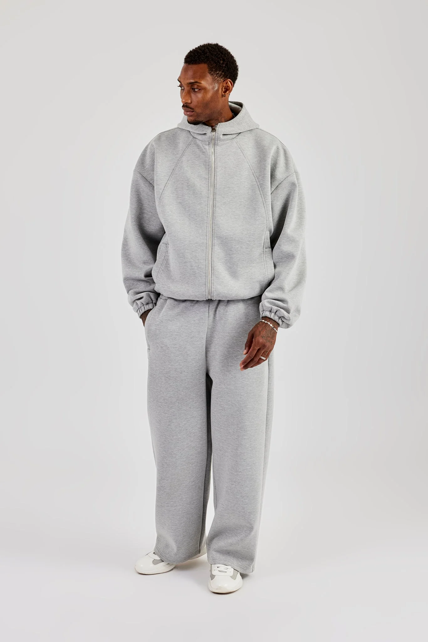 Zip Hooded Panelled Scuba Jacket & Wide Leg Trouser - Grey - Image 4