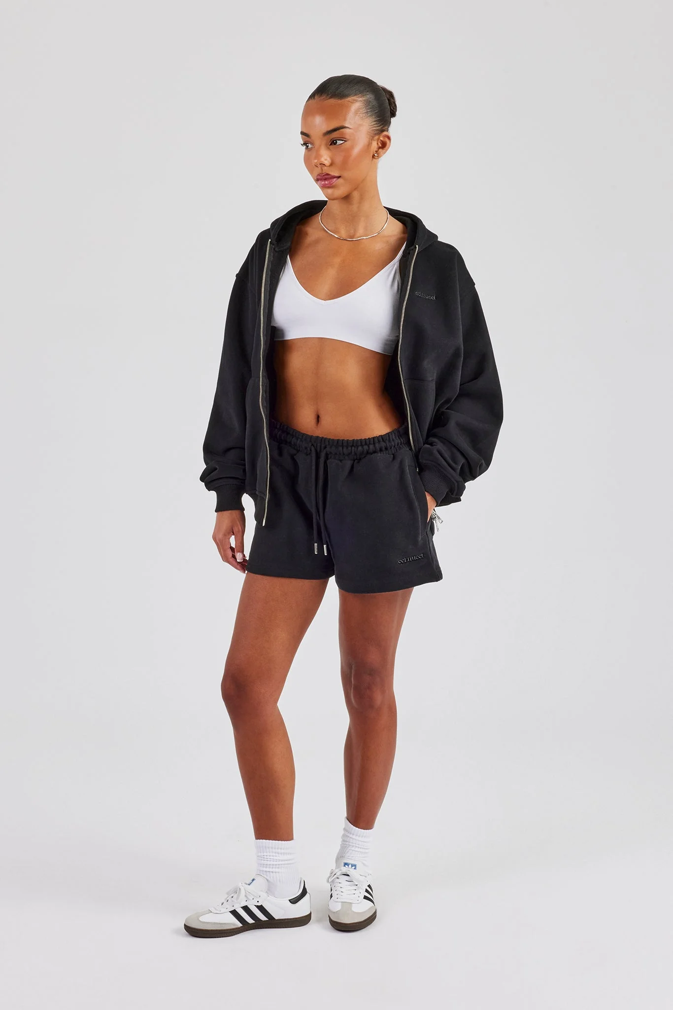 Zip Through Hoodie & Embroidered Short - Black - Image 5